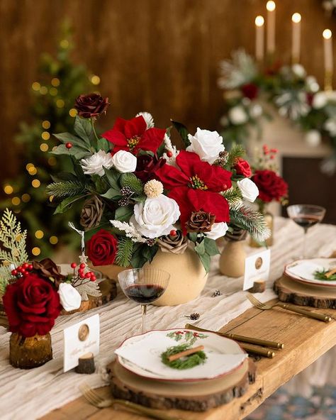 Ling's Moment | Artificial Floral & Wedding Decor (@lingsmoment) • Instagram photos and videos Bride Assessories, Christmas Wedding Centerpieces, Christmas Wedding Flowers, Dark Red Roses, Christmas Floral Arrangements, Silk Hydrangeas, Foam Roses, Hybrid Tea Roses, Red Sparkle