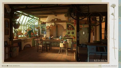 Cottage Concept Art Interior, Ghibli Kitchen Aesthetic, Cottage Kitchen Drawing, Fantasy Kitchen Art, Cottagecore Concept Art, Fantasy Kitchen Concept Art, Kitchen Fantasy Art, Cottage Bakery Aesthetic, Bakery Concept Art