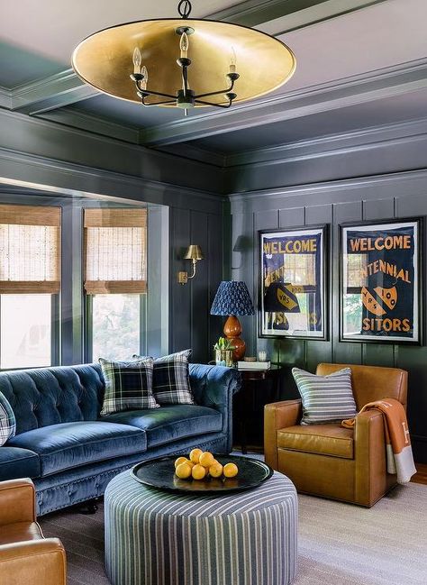 Boston Interior Design, Chesterfield Bank, Velvet Chesterfield Sofa, Best Leather Sofa, Blue Accent Chairs, Blue Velvet Sofa, Vintage Interior Design, Round Sofa, Transitional Living Rooms