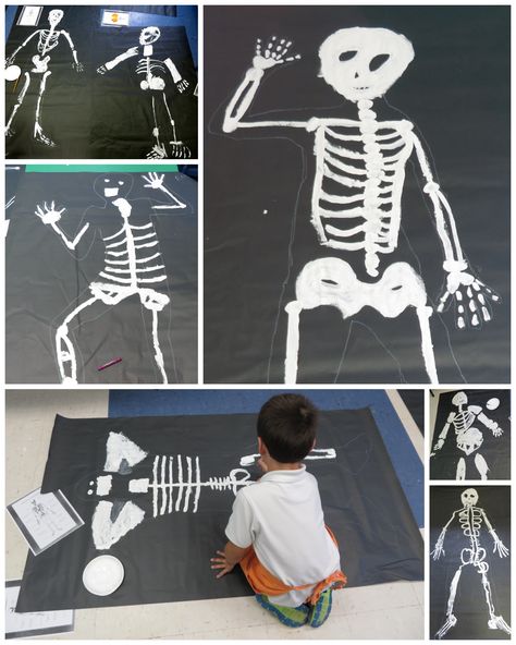 our life-size skeletons from 2013. Trace your body on black paper and use white paint to paint your bones Life Size Skeleton, 5th Grade Activities, Black Paper, Life Size, White Paints, Kids Art Projects, Projects For Kids, Halloween Fun, Fun Activities