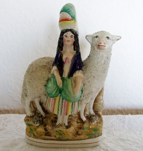 "HIGHLAND GIRL WITH SHEEP"   Antique victorian Staffordshire..... Staffordshire Figurines Antiques, Staffordshire Flatbacks, Staffordshire Figurines, Colourful Palette, Pottery Figures, Alphabet Game, Ceramic Pinch Pots, Staffordshire Pottery, Staffordshire Dog