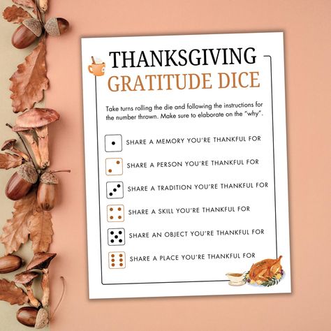 This Thanksgiving Gratitude Dice game would make a great last-minute activity or party game for all of your Thanksgiving get-togethers! Simply roll the die and follow the instructions. This game is perfect for both kids and adults, and it's a great way to reflect on what makes you thankful. 2 FORMAT INCLUDED - US Letter + A4 (international standard) **INSTANT DIGITAL DOWNLOAD: NO PHYSICAL ITEM WILL BE SHIPPED** HOW TO DOWNLOAD: Once your payment clears with Etsy, you should receive an email containing a download link. You can also download the file from directly within your Etsy account by checking your purchases and clicking "Download Files". NOTE: This digital file is for PERSONAL USE ONLY. You are free to print it as many times as you like for your own use, or for your classroom or plac Gratitude Games For Adults, Thankful Activities For Adults, Thanksgiving Thankful Ideas, Gratitude Activities For Adults, Gratitude Dice Game, Thanksgiving Activities For Adults, Thanksgiving Gratitude Activities, Gratitude Party, Gratitude Game