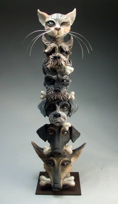 5 Dogs and a Cat Totem Pole by Mitchell Grafton. Mitchell Grafton, Cat Totem, Cats Drawings, Totem Pole Art, Sculpture Inspiration, Garden Totem, Garden Totems, Pole Art, Pottery Handbuilding