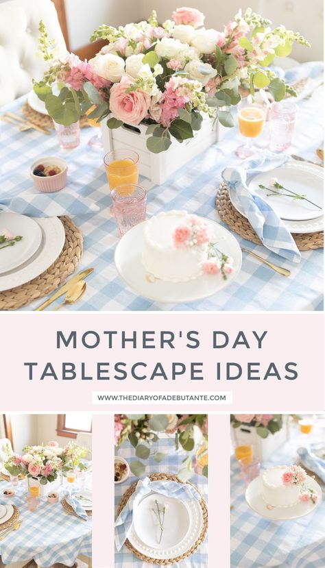 Need some pretty Mother's Day brunch tablescape ideas? Or even just general spring table decor or spring place setting inspo? Blogger Stephanie Ziajka shares a handful of pretty light blue tablescape ideas in today's post (including tips on how put flowers on a cake)! Click through for full brunch tablescape details on Diary of a Debutante! #mothersday #tablescape #tabledecor #tablesetting #brunch Mothers Day Breakfast Table Setting, Mother’s Day Tablescape, Mother’s Day Table, Mother’s Day Table Decor, Mother’s Day Table Setting, Mothersday Tablesetting, Mother’s Day Brunch Decorating Ideas, Mothers Day Brunch Decor, Mother’s Day Brunch Table