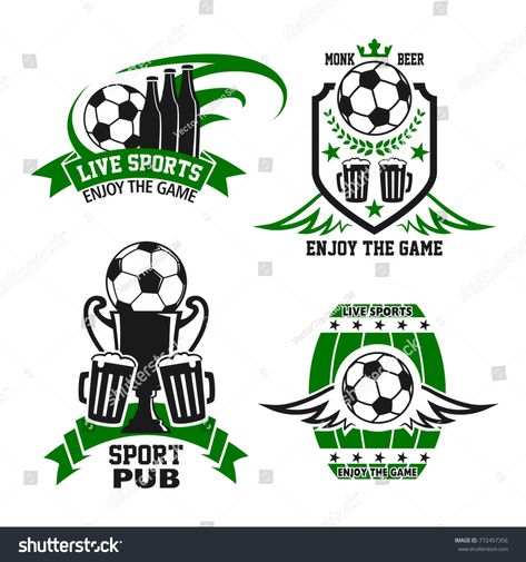 Sport bar badge with beer and football sport game items. Soccer ball, winner trophy cup and beer bottle or mug of alcohol drink symbol on shield and beer barrel with ribbon banner, star and wing #Ad , #AFFILIATE, #Soccer#items#game#trophy Soccer Items, Winner Trophy, Sports Pub, Football Logo Design, Sport Vector, Sport Bar, Beer Barrel, Trophy Cup, Ribbon Banner