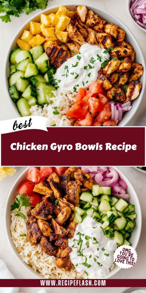 Looking for a delicious way to enjoy Mediterranean flavors at home? This Chicken Gyro Bowls Recipe is packed with savory chicken, fresh veggies, and creamy tzatziki. Perfect for any weeknight dinner! Save this recipe for your next Mediterranean dinner inspiration and impress your family with a flavorful meal! Healthy At Home Recipes, Greek Dinner Bowls, Gyros Bowl Recipe, Mediterranean Diet Recipes For Family, Light Dishes For Dinner, Mediterranean Recipes For Lunch, Medditeranean Chicken Bowl, Health Quick Dinners, Mediterranean Diet Recipes Family Friendly