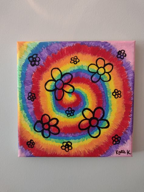 This vibrant tie-dye painting is sure to brighten up any room with its array of colors! The flowers tie together the happy hippie feel of the painting. This painting is part of my groovy hippie collection. This painting was done with acrylic paint on stretched canvas.  Check out my other paintings of animal silhouettes, petite fruits, groovy hippy themes, and more! Groovy Paintings Easy, Tie Dye Painting On Canvas, Cool Things To Paint On Canvas Trippy, Trippy Acrylic Painting, Dorm Room Paintings, Dye Painting, Hippie Painting Ideas, Flower Canvas Painting, Tie Dye Painting