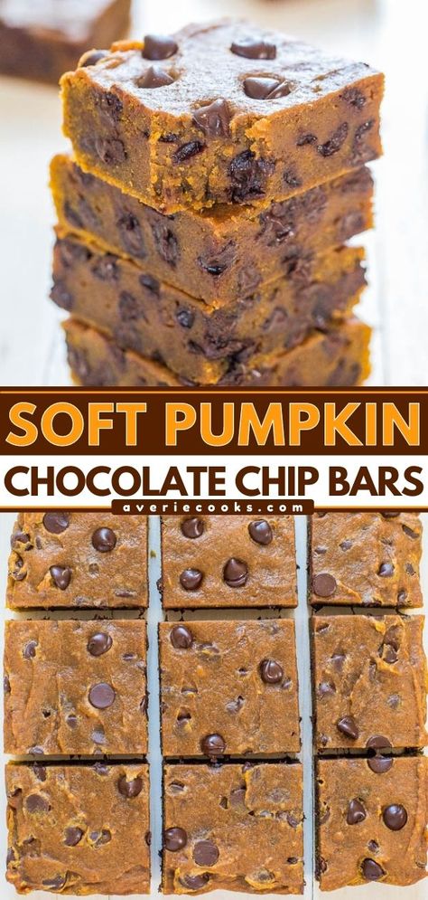 Soft Pumpkin Chocolate Chip Bars - Averie Cooks Chocolate Pumpkin Desserts, Pumpkin Chocolate Chip Bars, Blondies Recipes, Easy Pumpkin Bars, Pumpkin Bar, Pumpkin Fudge, Thanksgiving 2023, Averie Cooks, Pumpkin Recipes Easy