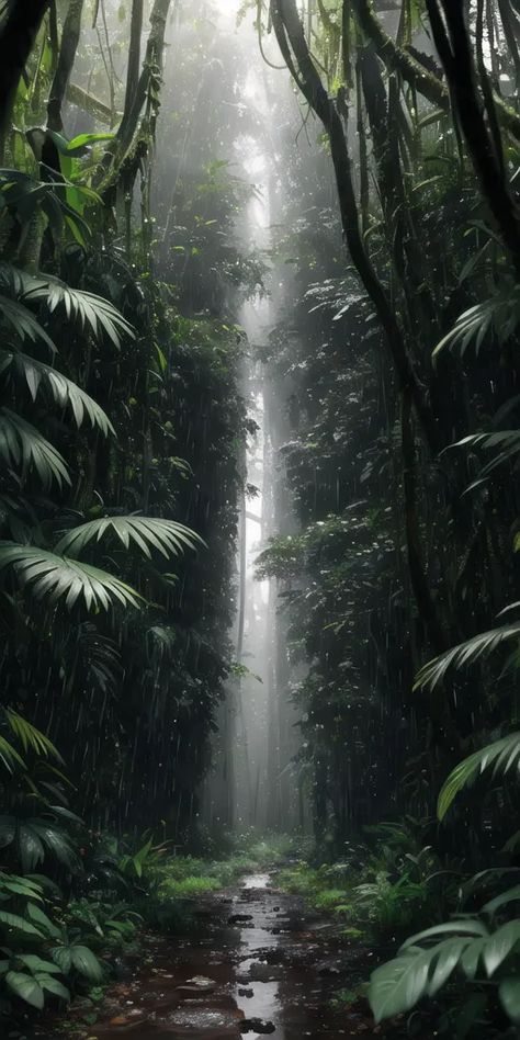 The image is a tall, narrow, vertical rectangle. It is a photo of a jungle path. The path is in the foreground, and it is made of dirt and is wet from the rain. On either side of the path is a dense jungle. The trees are tall and have large green leaves. The leaves are so dense that they block out the sun, and it is dark and gloomy in the jungle. The only light comes from a few small rays of sunlight that shine through the trees. The image is very realistic, and it feels like you are actually there in the jungle. Aesthetic Realistic Pictures, Jungle Green Aesthetic, Dark Jungle Aesthetic, Jungle Photos, Photo Jungle, Soothing Pictures, Vietnam Jungle, Landscape Jungle, Jungle Pictures