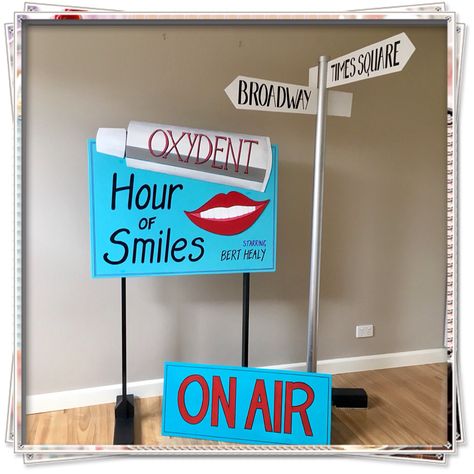 'Annie Kids' signage. Radio scene and sign post for Times Square scene. Timber and PVC pipe construction, hand painted Annie Cast Party Ideas, Annie Jr Props, Annie Musical Set, Annie Jr Set Design, Newsies Props, Annie Props, Annie Play, Hairspray Movie, Musical Set Design