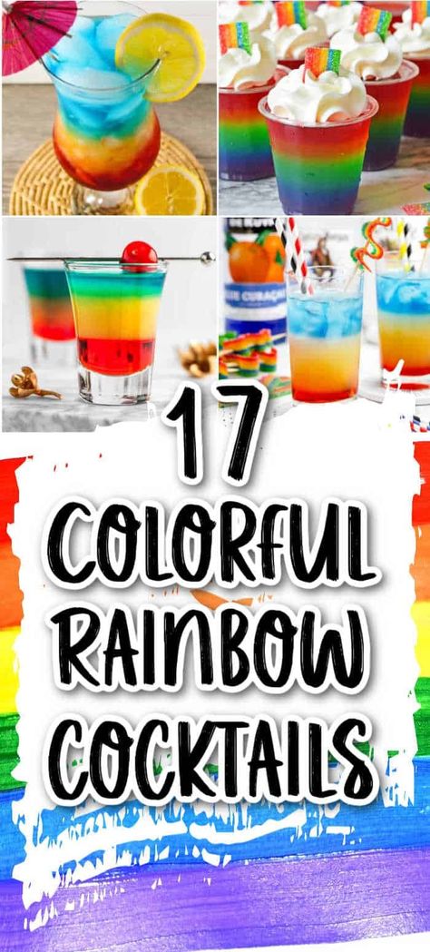 Taste the rainbow with these delicious and fun cocktail recipes! Perfect for parties and gatherings they are as delicious as they are colorful! Colourful Cocktails Drink Recipes, Rainbow Mocktail Recipe, Themed Drink Night Ideas, Rainbow Mocktails Non Alcoholic, Pride Month Cocktails, Pride Cocktail Recipes, Rainbow Margarita, Rainbow Cocktails, Breakfast Alcoholic Drinks