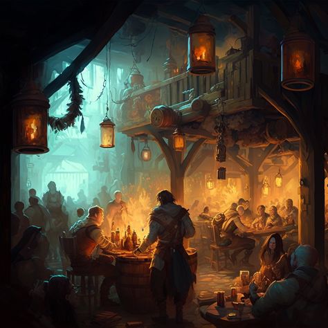 Dnd Scene Art, Fantasy Scene Ideas, Fantasy Festival Art, Tavern Fantasy Art, Fantasy Tavern Art, Tavern Concept Art, Town Fantasy Art, Fantasy Pirate Art, Pirate Fantasy Art