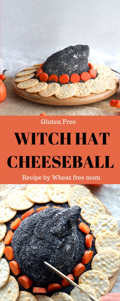 An easy to make cheeseball in the shape of a witch hat. A delicious gluten-free appetizer. Gluten Free Halloween Appetizers, Gluten Free Halloween Recipes, Halloween Cheese Ball, October Meals, Gluten Free Halloween Food, Gluten Free Recipes Appetizers, Scary Movie Night, Gluten Free Halloween, Halloween Food Appetizers