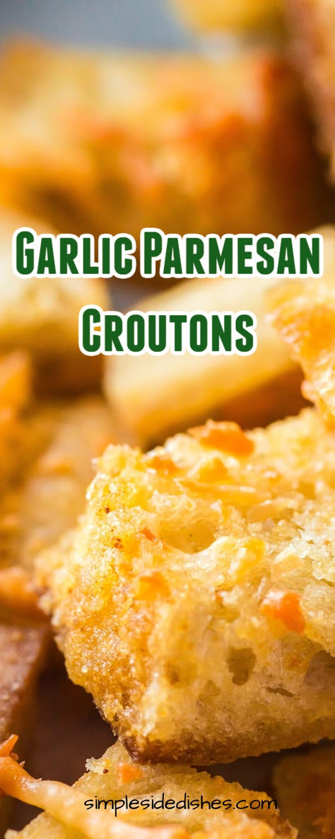 Get ready to take your salads and soups to the next level with our Garlic Parmesan Croutons. These easy homemade croutons are bite-sized flavor bombs that add a crunch and savory kick to your favorite dishes. #simplesidedishes #garlic #parmesan #croutons #homemade #holidays #salads #crunchy #tasty Homemade Garlic Croutons, Diy Croutons, Parmesan Croutons, Homemade Staples, Crouton Recipes, Cheese Croutons, Croutons Homemade, Mouthwatering Recipes, Garlic Parmesan