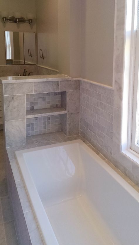 Soaking Tub Built In, Soaker Tub Surround Ideas, Built In Soaker Tub, Drop In Tub Shower Combo, Encased Bathtub, Drop In Tub Ideas Master Bath, Corner Soaking Tub Master Bath, Drop In Tub Surround Tile Master Bath, Drop In Soaker Tub