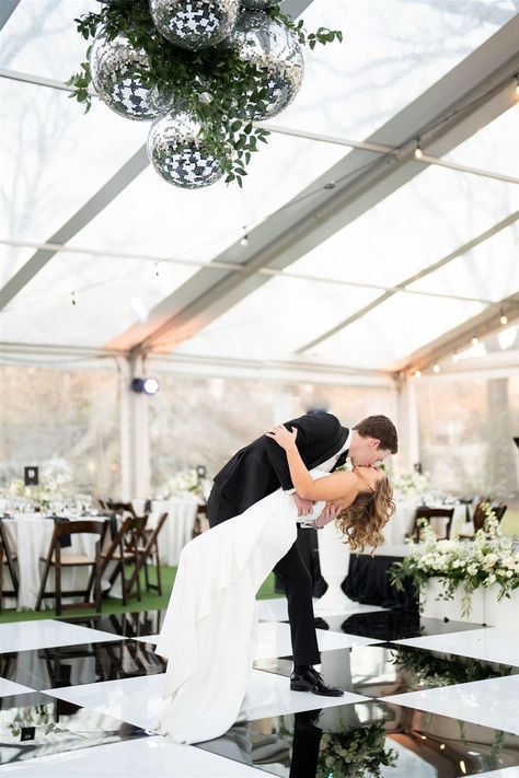 All White Wedding Flowers, Wedding Dress One Shoulder, Checkered Dance Floor, White Flowers Wedding, Woodbine Mansion, Cowgirl Bride, Disco Wedding, Wedding Mirror, Dance Floor Wedding