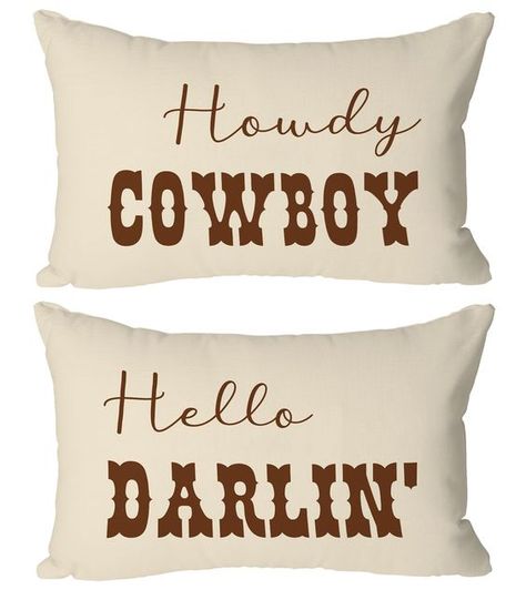 PRICES MAY VARY. Super Soft Cheerful Western Humor: Infuse your space with personality using our 'Howdy Cowboy' and 'Hello Darlin'' pillow covers, bringing a lighthearted western touch that teens, girls, and boys will adore. Ideal Size & Fit: Measuring 12x20 inches, these covers are designed to snugly encase your favorite throw pillows, ensuring a plump look and comfortable feel for any setting. Lasting Quality Material: Enjoy the blend of durability and comfort with these premium fabric pillow Western Humor, Western Throw Pillows, Cowboy Pillow, Western Pillows, Hello Darlin, Couple Pillow, Western Bedroom, Funny Couple, Fabric Pillow