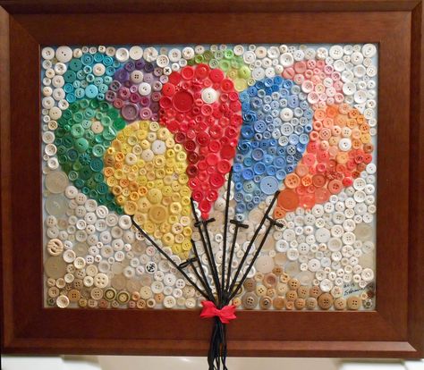 Button Mosaic...Balloon Bouquet (solid walnut frame included) FOR SALE on facebook.com/sandrakbrownart Button Mosaic, Mosaic Balloon, Button Art Projects, Buttons Crafts Diy, Old Jewelry Crafts, Button Creations, Box Frame Art, Dorset Buttons, Mannequin Art