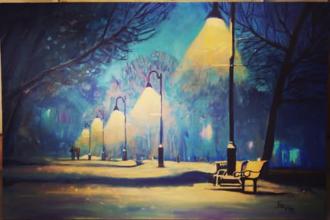 Night Street Drawing, Night Street Illustration, Night Street Painting, Street Light Painting, Art Class Drawing, Relaxing Scenery, Night Walking Aesthetic, Black Canvas Painting, Street Lamp Post