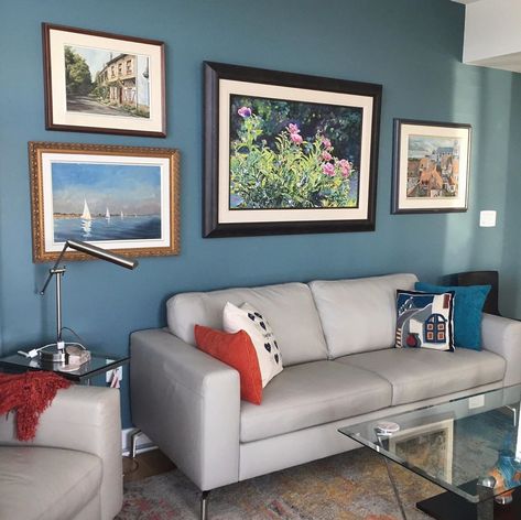 Sw Mediterranean, Blue Living Room Color Scheme, Blue Living Room Color, Studio Blue Green, Mid Century Modern Couch, Blue Painted Walls, Blue Green Paints, Sherwin Williams Colors, Living Room Color Schemes