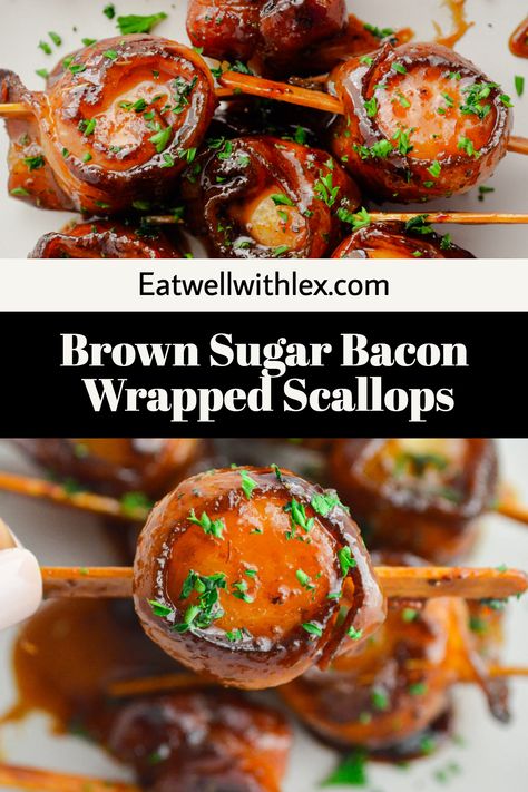 Looking for an irresistible appetizer to wow your guests this holiday season? Try this indulgent Brown Sugar Bacon Wrapped Scallops recipe! With their sweet-salty flavor, these scallops are guaranteed to be a holiday hit. Perfect for a Christmas party and easy to make, you won't want to miss out on this delicious treat. Sauce For Bacon Wrapped Scallops, Bacon Wrapped Scallops Sauce, Bacon Wrapped Scallops Grilled, Bacon Wrapped Scallops Pan Seared, Bacon Wrapped Scallops In Oven, Scallops Appetizer, Scallops Wrapped In Bacon, Scallops With Bacon, Wrapped Appetizers