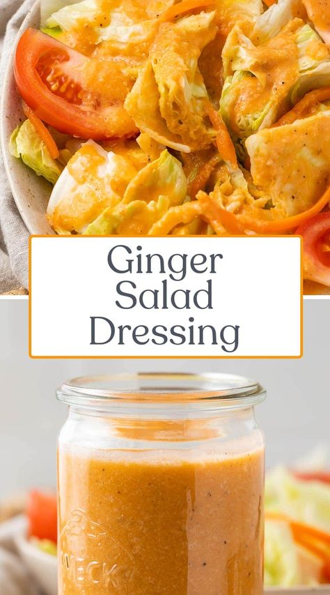 This ginger salad dressing tastes just like what you get at the hibachi restaurant, like Benihana! Quick and easy to make in the blender, my whole family loves this delicious Asian salad dressing alongside our favorite Japanese recipes... even the kids! Salad Dressing Asian, Ginger Dressing Japanese Easy, Ginger Salad Dressing Japanese, Asian Ginger Salad Dressing, Japanese Ginger Salad Dressing, Japanese Salad Dressing Recipe, Ginger Salad Dressing, Recipe With Ginger, Hibachi Restaurant