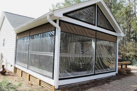 vinyl window coverings for screened in porch | Clear Vinyl Plastic Panels & Outdoor Weather Enclosures | Gallery Screened In Porch Diy, Mosquito Curtains, Concrete Patio Makeover, Porch Enclosures, Screened Porch Designs, Outdoor Curtains For Patio, Porch Curtains, Porch Accessories, Enclosed Porches