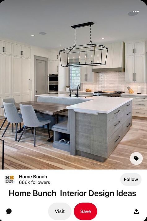 Island With Nook Seating, Kitchen Island With Eating Nook, Booth Built Into Kitchen Island, T Kitchen Island With Seating, Kitchen And Living Room Ideas Open, Kitchen Island Dining Nook, Kitchen Booth Island, Kitchen Island With Dinner Table, Kitchen Island With Booth Table