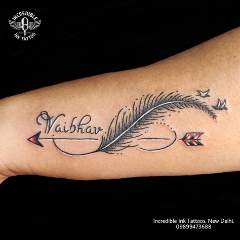 #vaibhav #vaibhavnametattoo #feathertattoo #feather #arrow #arrowtattoo call whtsapp #09899473688 Vaibhav Name Tattoo, Feather Tattoo With Name, Name Tattoos On Arm, Feather Arrow, Baby Photo Editing, Arrow Tattoo, Feather Tattoo, Cute Love Cartoons, Name Tattoo