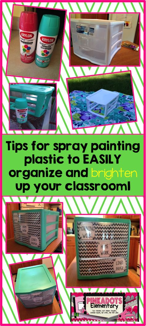 Tips for spray painting plastic storage. Spray Paint Plastic, Teaching Organization, Plastic Crates, Class Organization, Diy Classroom, Painting Plastic, Plastic Drawers, New Classroom, Teacher Organization