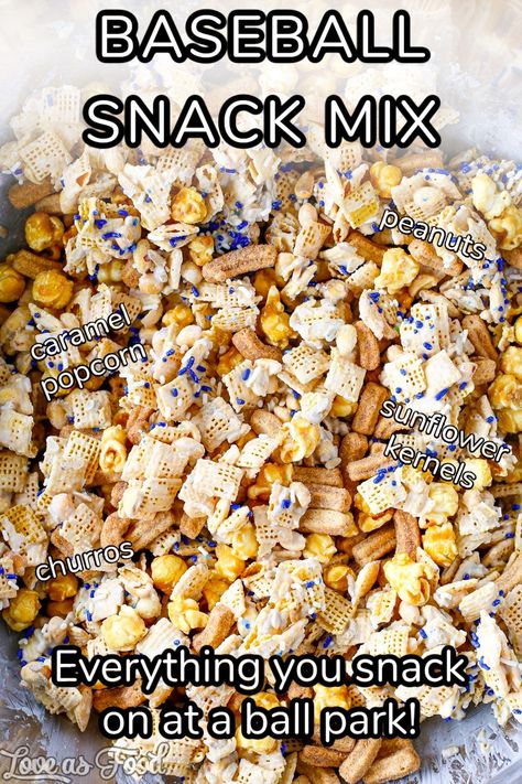 Take me out to the ball game! Or make me this baseball snack mix full of all the best treats at a baseball game! Churros, popcorn, peanuts and sunflower kernels are a ball park mainstay. 

#baseball #dodgers #snackmix #chexmix Baseball Park Snacks, Ball Park Snacks, Baseball Potluck Ideas, Baseball Party Snacks, Feed The Team Meal Ideas, Ball Park Food Ideas, Baseball Food Ideas, Ball Park Food, Baseball Game Snacks