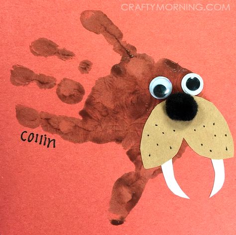 Handprint Walrus Craft for Kids to Make | CraftyMorning.com Animal Crafts For Infants, Walrus Craft, Letter W Crafts, Crafts For Infants, Arctic Animals Crafts, Craft Handprint, Hand Kunst, Crafty Morning, Footprint Crafts