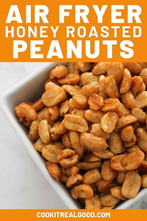 Honey Roasted Peanuts {Oven or Air Fryer} Roasted Peanuts In Air Fryer, Roasting Peanuts In Air Fryer, Honey Roasted Peanuts Recipe, Honey Roasted Cashews Recipe, Cashew Recipes, Air Fryer Recipes Snacks, Air Fryer Recipes Vegetarian, Honey Roasted Peanuts, Cooks Air Fryer