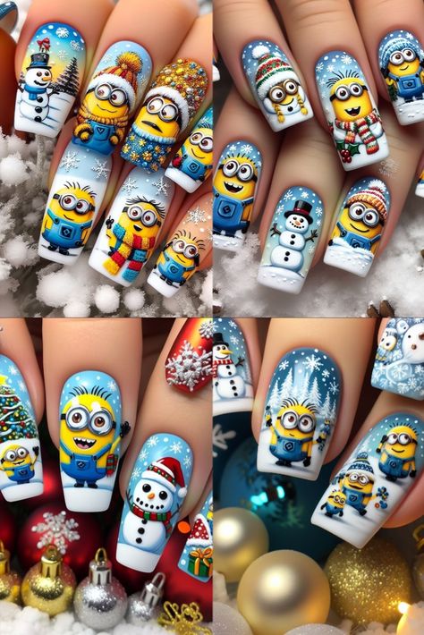 Minion Mania: Winter Nail Art Extravaganza! ❄️☃️ Dive into the holiday spirit with cute Minions frolicking in the snow on your nails. Explore the whimsy of winter with snowflakes, snowmen, and festive flair! 💅✨ #WinterNailDesign #MinionHolidayFun Minion Christmas Nails, Frosty The Snowman Nail Art, Christmas Character Nails, Minion Nail Art, Turkey Nails, Minion Nails, Minion Christmas, Minion Halloween, Snowman Nails