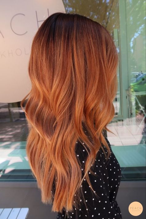 Ombre Hair Color Ginger, Brown Orange Ombre Hair, Ombré Ginger Hair, Balayage Orange Hair, Brunette With Orange Highlights, Brown To Orange Ombre Hair, Orange Balayage Hair Brunettes, Brunette Ginger Balayage, Ombré Ginger