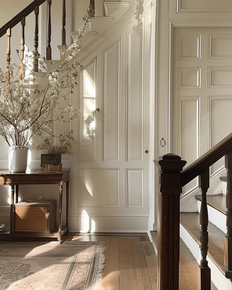 House Stairs Aesthetic, Victorian Trim Interior, Cosy House Interior, White Walls Hallway, White Victorian Aesthetic, Colonial Staircase Entryway, Millwork Staircase, Cottage Hallways, English Victorian House Interiors