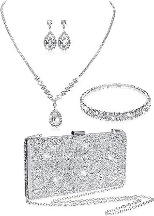 Silver Clutch Purse, Bridesmaid Jewelry Set, Rhinestone Jewelry Set, Silver Clutch, Bling Necklace, Party Dance, Bracelets Set, Bridesmaid Jewelry Sets, Women's Jewelry Sets