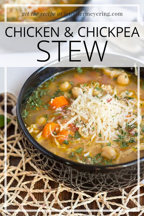 This beautiful stew comes together in about 30 minutes with diced chicken, soft carrots, and chickpeas. Cumin Chicken And Chickpea Stew, Chicken Chickpea Crockpot, Chicken Chickpea Stew, Chicken Soup With Chickpeas, Chicken Chickpea Soup Recipes, Chickpeas And Chicken Recipe, Chicken Chickpea Soup, Chicken Chickpea Recipes, Chicken And Chickpea Recipes