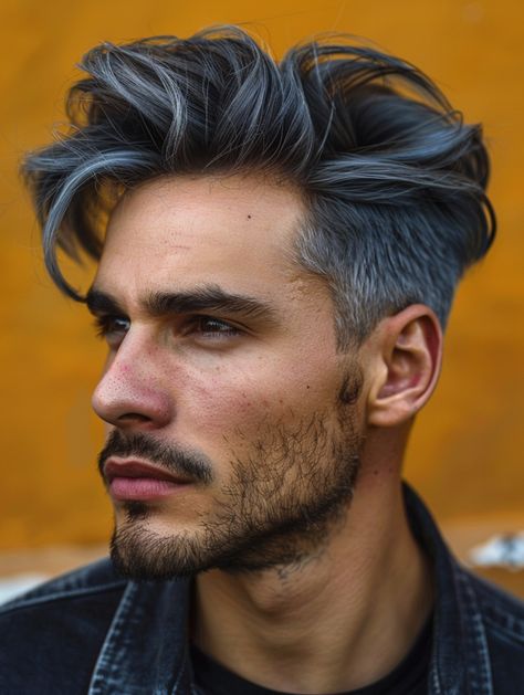 Discover 28 Bold Mens hair color blue Ideas from Sky Highlights to Midnight Blue Tones Ash Brown Hair Color Men, Men Grey Hair Dye, Ash Grey Hair Men Highlight, Man Hair Color Ideas Guys, Grey Hair Color Men, Mens Hair Color, Guy Haircuts, Ash Gray Hair Color, Silver Hair Men