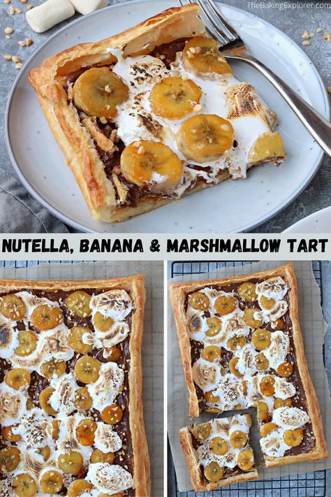 Recipe for a Nutella, Banana & Marshmallow Tart - an easy recipe with puff pastry, caramelised bananas and marshamallow fluff #thebakingexplorer #nutellarecipe #nutellabanana #vegetariantart #sweetdessert Marshmallow Tart, Banana Marshmallow, Recipe With Puff Pastry, Rough Puff Pastry, Types Of Pastry, Savoury Pies, Uk Food, Puff Pastry Tart, Nutella Cheesecake