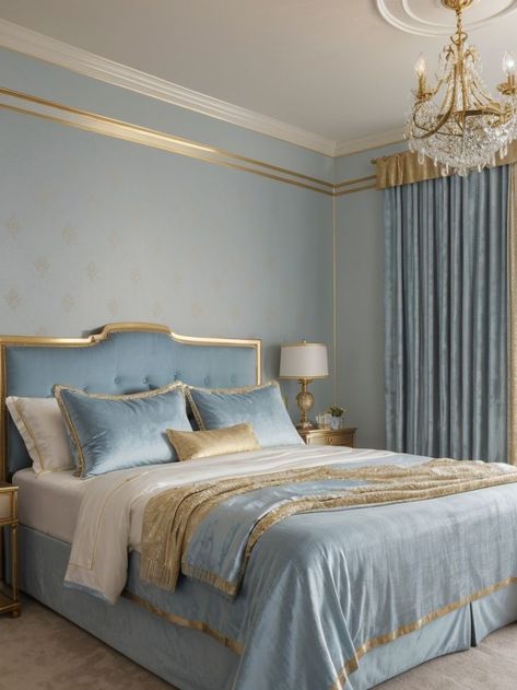 Create a dreamy light blue and gold bedroom aesthetic by adding a shimmering gold accent wall and incorporating light blue bedding and curtains. Enhance the ambiance with crystal chandeliers and velvet gold throw pillows for a touch of luxury. Blue And Gold Bedroom Aesthetic, Light Blue And Gold Bedroom, Gold Bedroom Aesthetic, Light Blue Bedding, Blue And Gold Bedroom, Gold Accent Wall, Velvet Bedroom, Blue Bedroom Walls, Gold Bedroom Decor