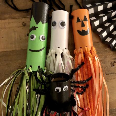 Recycled Halloween Kids Craft Paper Tube Windsocks Toilet Paper Tube Halloween Crafts, Halloween Windsock Craft For Kids, Recycled Halloween Crafts, Tube Crafts For Kids, Paper Tube Crafts, Halloween Windsock, Recyclable Art, Wolf Room, Fair Crafts