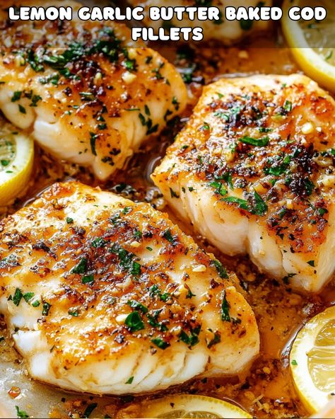 Lemon Garlic Butter Baked Cod: A Delicious and Easy Seafood Recipe Lemon Garlic Butter Fish Recipes, Cod Lunch Recipes, Seared Cod With Herb Butter Sauce, Cod And Brussel Sprouts Recipe, Lemon Butter Cod Recipes, Lemon Cod Recipes, Oven Roasted Cod, Ways To Cook Cod, Black Cod Recipe Baked