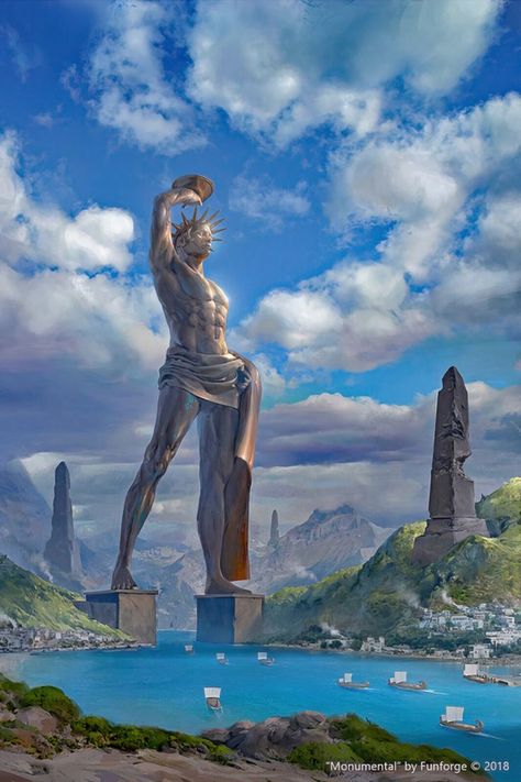 The Colossus Of Rhodes, Colossus Of Rhodes Art, Colossus Of Rhodes Tattoo, Latin Club, Colossus Of Rhodes, Greek Landscape, Ancient Greece Aesthetic, Greek Stories, Ancient Greek City