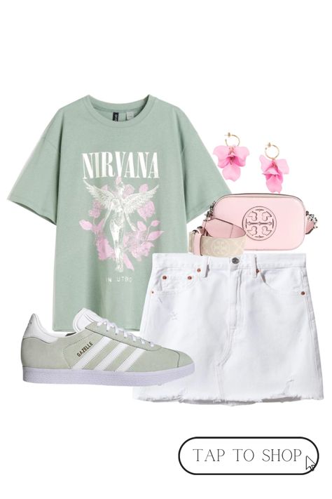 Pastel Outfit Casual, Green Nirvana Sweatshirt Outfit, Style Adidas Gazelle, Nirvana Tshirt Outfit Women, Blue Nirvana Shirt Outfit, Blue Nirvana Shirt, Nirvana White T Shirt, Band Tee Outfits, Nirvana Band