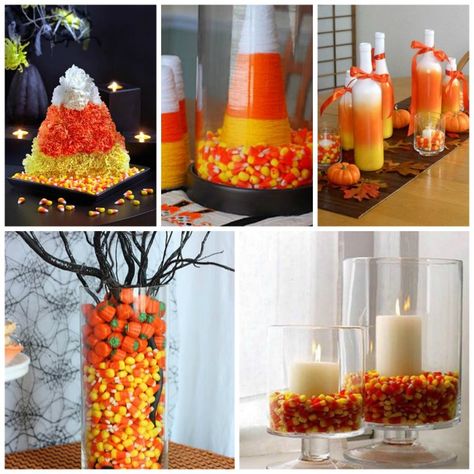 Lovely Candy Corn Centerpieces! - B. Lovely Events Candy Corn Centerpieces, Candy Corn Fall Decor, Corn Candle Centerpiece, Candy Corn Vase Filler, Candy Corn Vase Centerpieces, Candy Centerpieces, Candy Corn Decorations, Annual Halloween Party, Fall Table Centerpieces