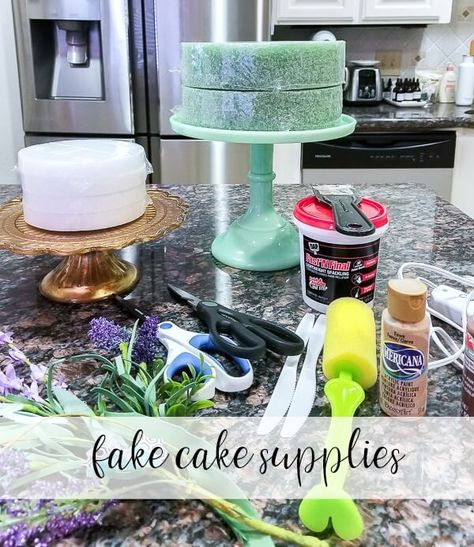 Add a fake cake or two to your home decor! Easy to make and inexpensive, fake cakes are a fun way to add "fresh-baked" decor to your home! See how easy it is at www.diybeautify.com! Fake Cake For Wedding, Fake Bake Gingerbread Cake, Faux Wedding Cake Diy, How To Make A Dummy Cake, Prop Cake Diy, Styrofoam Cake Diy, Fake Cupcakes For Display, Diy Spackle Cake, Fake Cake Frosting Diy