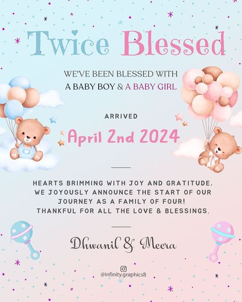 They have twins!!! 🩵🩷🥳 Congratulations proud parents Dhwanil & Meera 😇 . #twins #babyannouncement #babyshower #double #doubletrouble #babyshowerinvite #digitalinvitation #einvite #birthday #baby #babyshowerinvitations #littleangel #personalisedinvitations #babyreveal #boy #girl Twin Baby Announcements Ideas, Twins Birth Announcement, Twins Pregnancy Announcement, Baby Arrival Announcement, Twin Baby Announcements, Twins Photography, Twin Birth Announcements, Twins Announcement, Twin Pregnancy Announcement