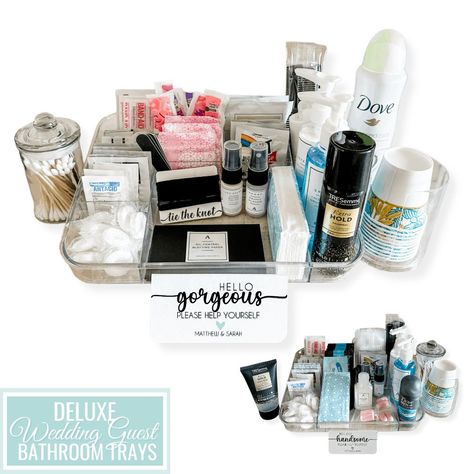 Hey There, Brides-To-Be! Are You Ready For Your Big Day? Make Sure Your Wedding Guests Feel Pampered With Our Deluxe Bathroom Amenities Tray. Stocked With All The Wedding Day Bathroom Essentials, It's The Perfect Touch For Bathrooms Or Groom-Bridal Suites To Ensure Your Guests Feel Comfortable And Refreshed Throughout The Event. These Trays Can Be Customized For "Hers," "His," Or Both, Adding A Touch Of Personalization To Your Event. Made-To-Order His And Hers Wedding Guest Bathroom Amenities Tr Bridal Shower Gift Baskets Wedding Favorites, New Bathroom Gift Basket, Gues Bathroom Baskets, Basket Of Slippers For Guests, Bathroom Baskets Wedding Men, Bridal Shower Baskets For Guests, Bridal Bathroom Basket Wedding Day, Guest Basket Wedding, Bathroom Wedding Basket Ideas