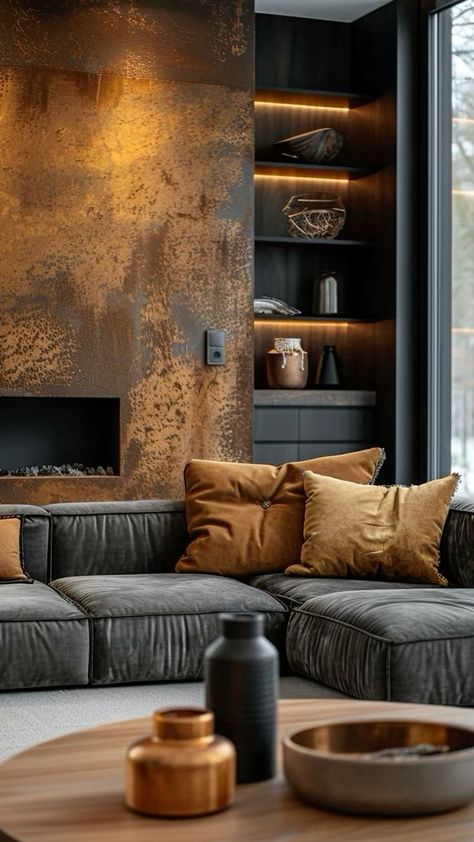 Gray Dark Brown Living Room, Dark Mid Century Living Room, Black And Brown Living Room, Loft Basement, Brown Bedroom Ideas, Paint Deck, Rug Tattoo, Grey And Brown Living Room, Copper Living Room